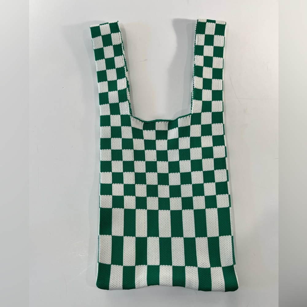 Green and white checkerboard knit purse
